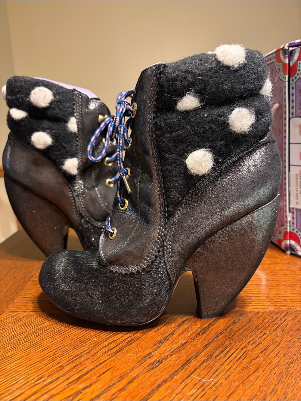 Irregular Choice NEW Krystal Star size 41 Black Polka Dot Lace-Up Ankle Boots